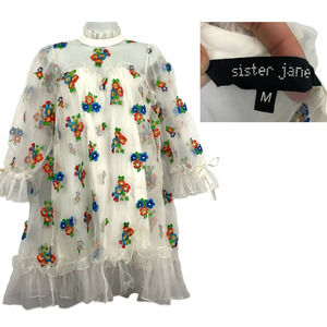 Sister Jane Organza Smock Dress MEDIUM Gathered Cuffs Floral Embroidery